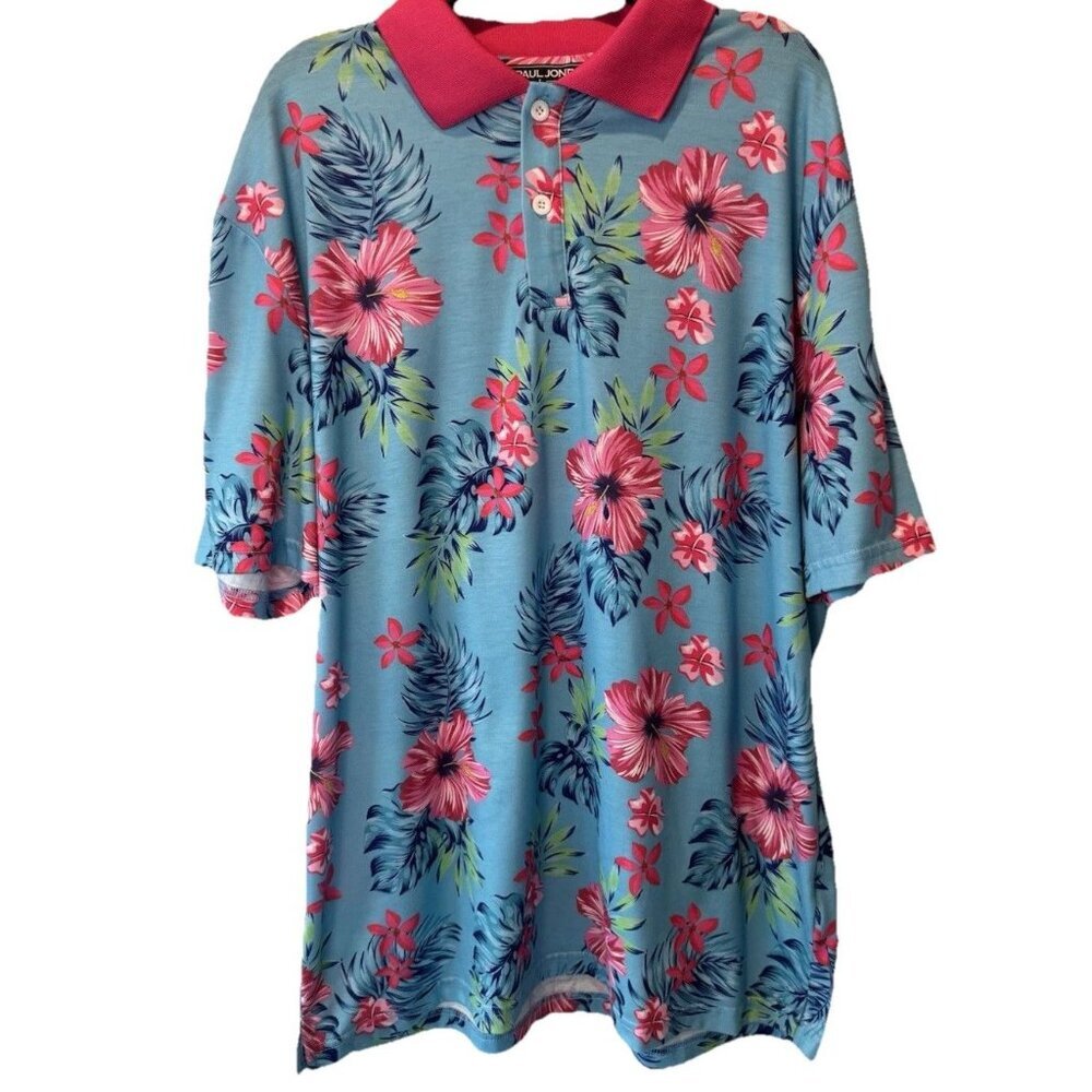 PJ Paul Jones Mens Colorful Tropical Floral Print Golf Polo Shirt L Vacation